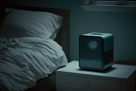 air purifier in bedroom, providing a peaceful nights sleep, created with generative aiの素材