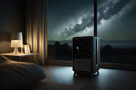 air purifier, with view of the night sky and stars, in room with black walls, created with generative aiの素材
