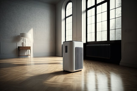 air purifier in room with white walls and wooden floors, created with generative aiの素材