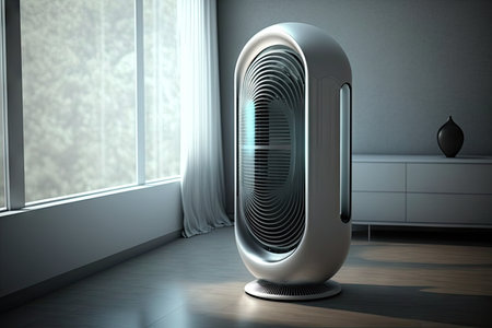 air purifier in room with futuristic design elements, such as sleek furniture and metallic accents, created with generative aiの素材