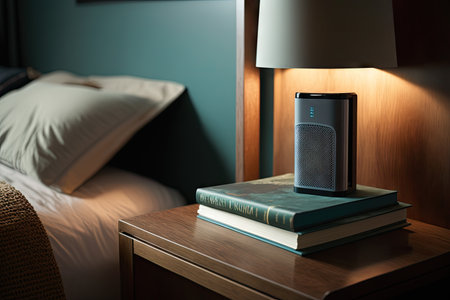 air purifier on nightstand, next to a book and glass of water, created with generative aiの素材