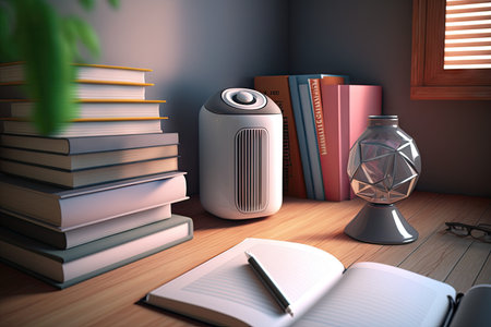 air purifier in room, surrounded by books and stationary with study vibe, created with generative aiの素材