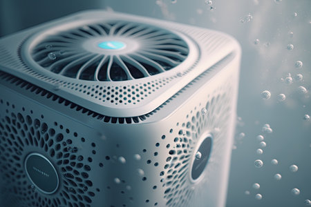 close-up of air purifier, with visible mist and droplets, created with generative aiの素材