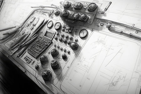 detailed pencil sketch of aircraft cockpit, with instruments and controls visible, created with generative aiの素材