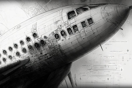 close-up of intricate pencil sketch of aircraft wing and control surfaces, created with generative aiの素材