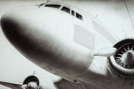 close-up of detailed aircraft design pencil sketch, with intricate details and lines visible, created with generative aiの素材