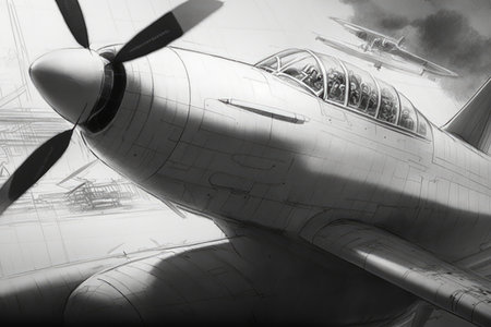 close-up of pencil sketch, highlighting details and textures of aircraft design, created with generative aiの素材