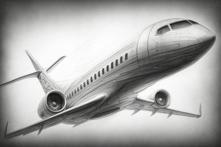 detailed pencil sketch of airplane, with focus on its sleek and streamlined design, created with generative aiの素材