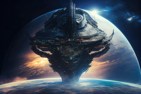 close-up of alien ship, with view of earth in the background, created with generative aiの素材