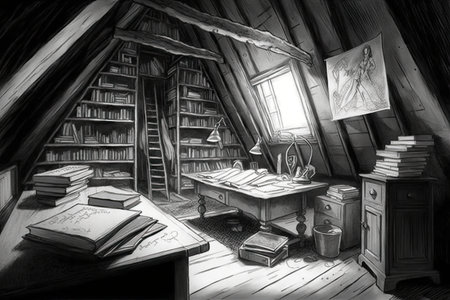 a pencil sketch of an attic filled with old books, clothes, and other treasures, created with generative aiの素材
