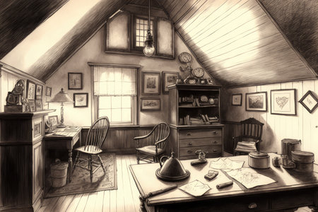 pencil sketch of attic filled with family treasures, including antiques and keepsakes, created with generative aiの素材
