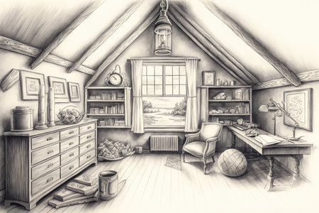 pencil sketch of attic filled with family treasures, including antiques and keepsakes, created with generative aiの素材