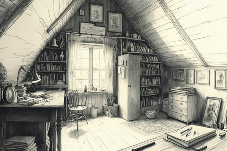pencil sketch of attic filled with books, trinkets and memories, created with generative aiの素材