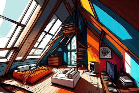 sketch of an open attic, with vibrant colors and unique decor visible, created with generative aiの素材