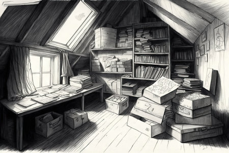 pencil sketch of a cluttered attic, with boxes, trunks and books, created with generative aiの素材