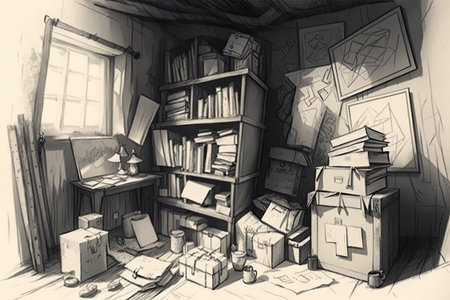pencil sketch of a cluttered attic, with boxes, trunks and books, created with generative aiの素材