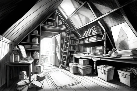 sketch of attic filled with boxes and trinkets, pencil drawing in black and white, created with generative aiの素材
