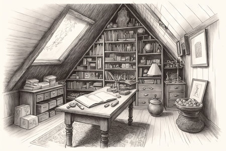 pencil sketch of attic full of forgotten treasures, including old books and family heirlooms, created with generative aiの素材