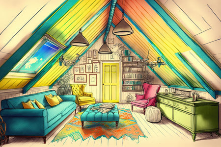 colorful pencil sketch of brightly colored and patterned attic with vintage furnishings, created with generative aiの素材