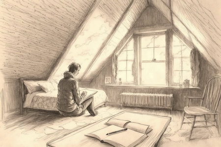 person, enjoying peaceful moment in tranquil attic, pencil sketch on vintage paper, created with generative aiの素材
