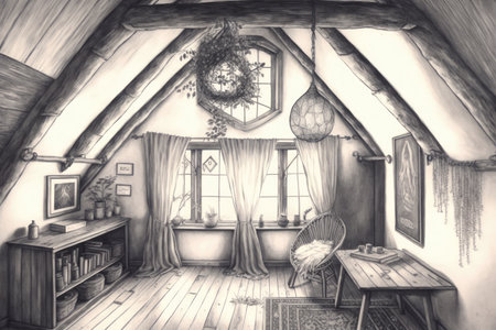 pencil sketch of quiet, peaceful attic with dreamcatcher hanging from the ceiling, created with generative aiの素材