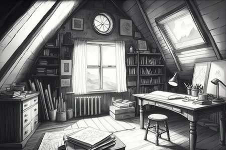 attic filled with books and old furniture, a perfect setting for a pencil sketch, created with generative aiの素材