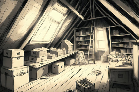 a pencil-sketched view of the attic, with boxes and items stored neatly in place, created with generative aiの素材