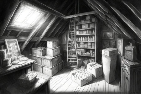 a pencil-sketched view of the attic, with boxes and items stored neatly in place, created with generative aiの素材
