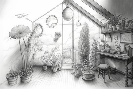 quirky attic pencil sketch with unexpected elements, including exotic plants or unusual weather instruments, created with generative aiの素材