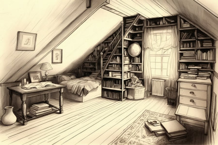 pencil sketch of attic filled with books, journals, and antiques, created with generative aiの素材