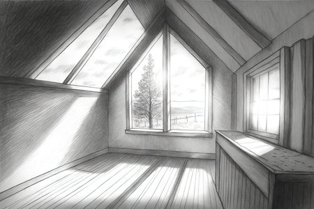 pencil drawing of attic, with view to the outside world, and sunlight, created with generative aiの素材