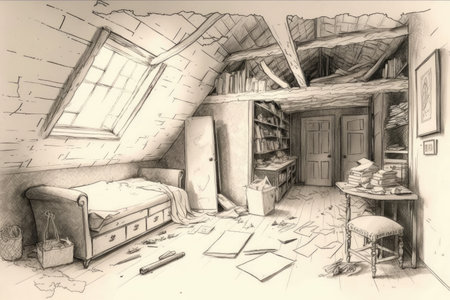 pencil sketch of attic filled with treasured antiques, broken and forgotten, created with generative aiの素材