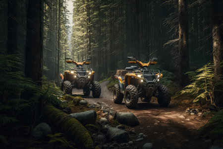 pair of atvs, side by side, in the forested wilderness, created with generative aiの素材