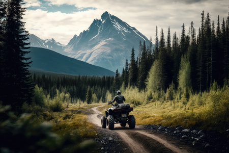 atv winding through the forest, with a picturesque mountain in the background, created with generative aiの素材