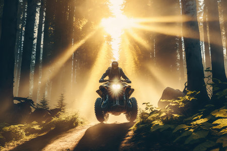 person, flying through forest on atv, with the sun shining through the trees, created with generative aiの素材