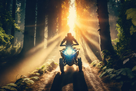person, flying through forest on atv, with the sun shining through the trees, created with generative aiの素材