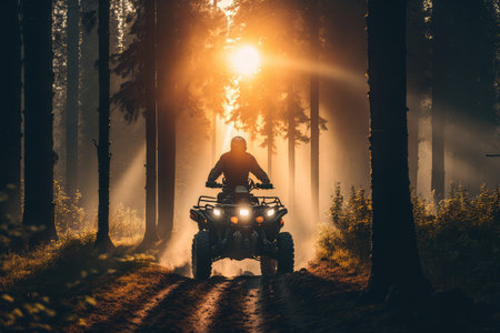 person, riding atv through forest, with the sun shining through the trees, created with generative aiの素材