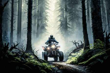 atv rider, navigating through forest of tall trees, on mountain trail, created with generative aiの素材