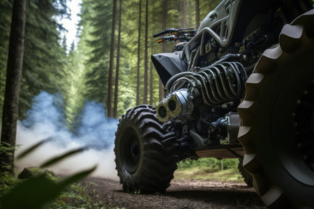 close-up of the engine and exhaust pipe of an atv, with forest in the background, created with generative aiの素材