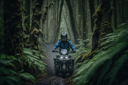 atv rider navigating through dense forest, with trees towering overhead, created with generative aiの素材