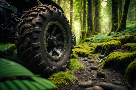 close-up of atv tire on mossy forest floor, created with generative aiの素材
