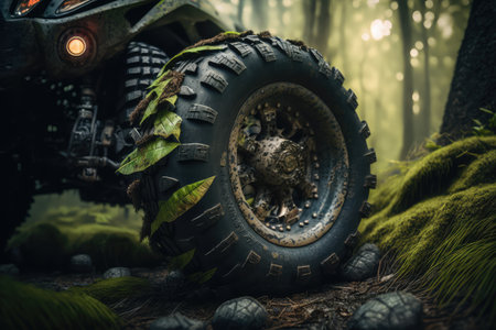 close-up of atv tire on mossy forest floor, created with generative aiの素材