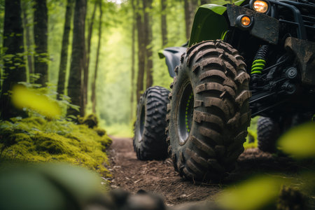 close-up of the atv tires rolling through the forest, created with generative aiの素材