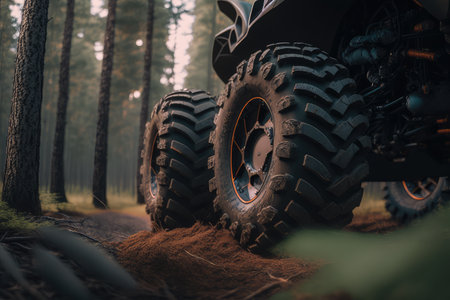 close-up of the atv tires rolling through the forest, created with generative aiの素材
