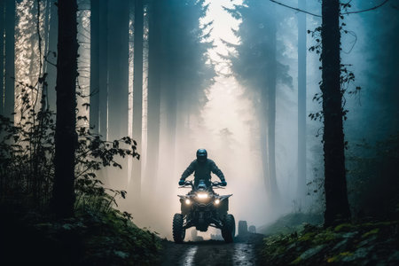person, riding atv through forest on misty morning with fog and dew, created with generative aiの素材