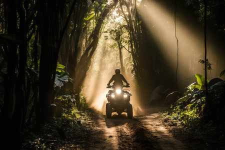 sunbeam through the forest canopy, shining down onto atv rider, created with generative aiの素材