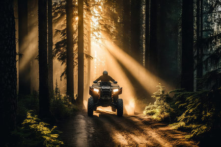 person, driving atv through dense forest, with glimpses of sunlight filtering through the trees, created with generative aiの素材