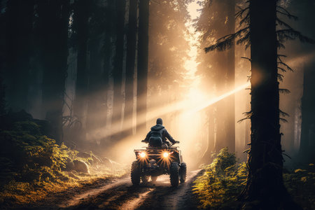 person, driving atv through dense forest, with glimpses of sunlight filtering through the trees, created with generative aiの素材