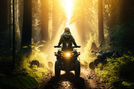 woman, riding atv through dense forest, with the sun shining through the trees, created with generative aiの素材