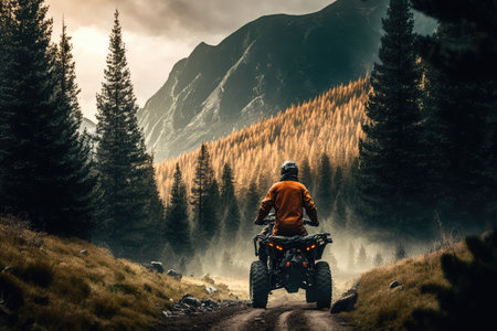 person riding atv on mountain trail, with stunning view of the forest visible in the background, created with generative aiの素材
